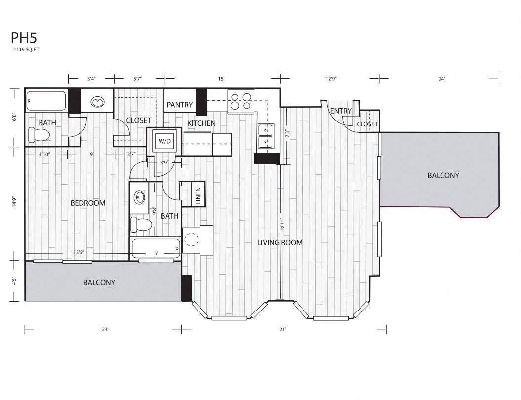 Floor plan for 1 bed, 2 baths, 1119 sqft